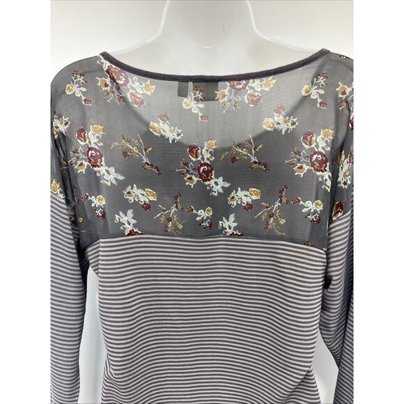 Mudd Top Womens Size M Gray Floral Striped Long Sleeve Boho Grunge Peasant - Picture 6 of 9